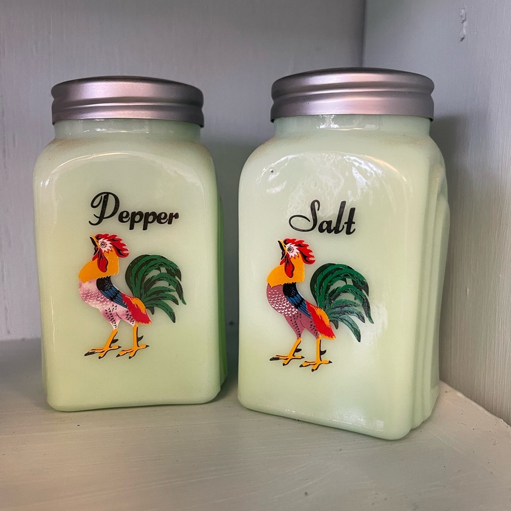 Vintage green glass salt and pepper shakers